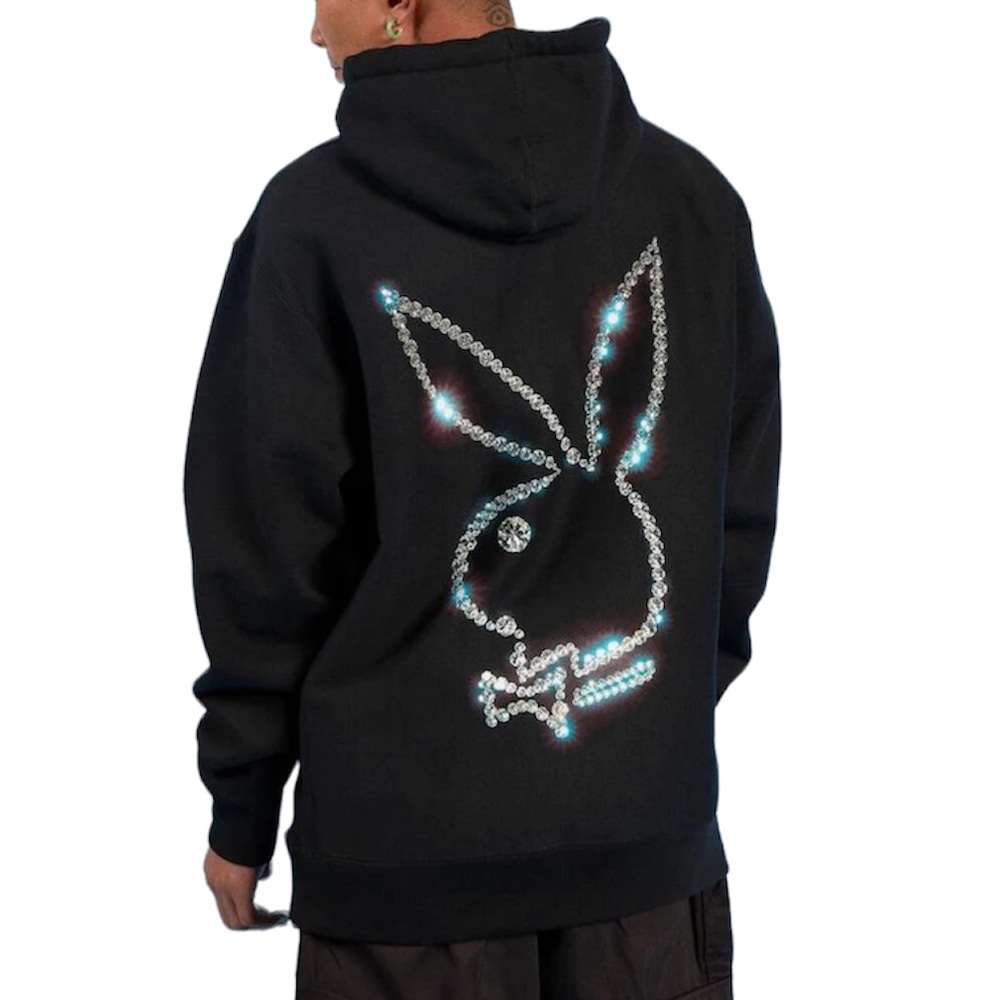 PLEASURES Playboy Icy Diamonds Logo Black Hoodie Sweatshirt NEW Black Size M